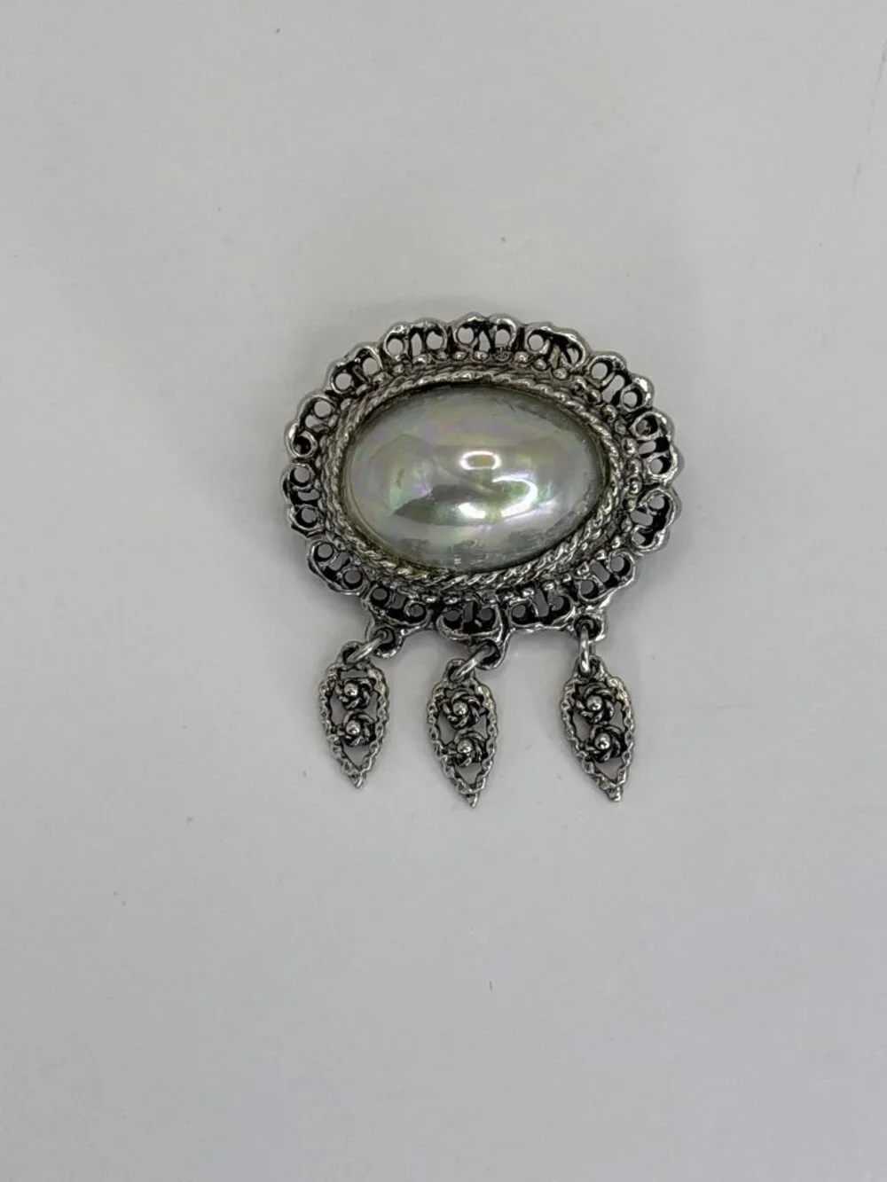 Silver Tone Oval Brooch Pin With Dangle Charms and Faux Pearl